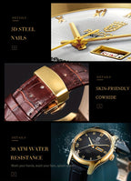 ROCOS Brand Luxury Golden Men's Watches High-end Business Simple Fashion Men's Watches Automatic Mechanical Watches Sun Pattern Brushed Dial Calfskin Strap Waterproof Men's Watches Week Calendar Display Gifts for Men
