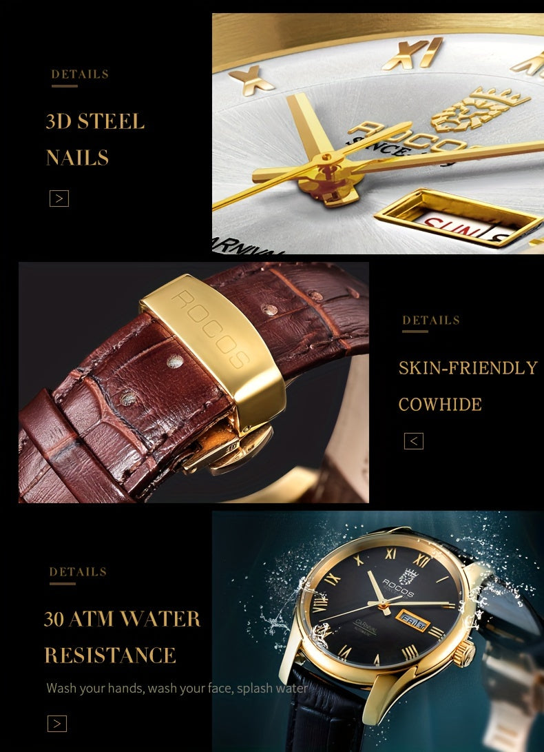 ROCOS Brand Luxury Golden Men's Watches High-end Business Simple Fashion Men's Watches Automatic Mechanical Watches Sun Pattern Brushed Dial Calfskin Strap Waterproof Men's Watches Week Calendar Display Gifts for Men