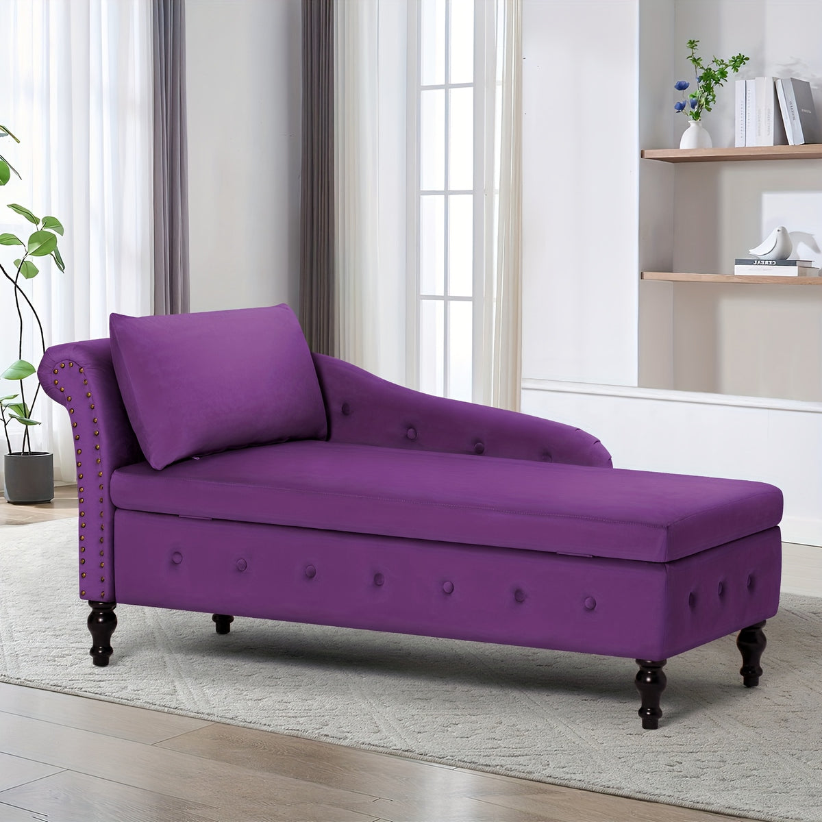 ACMEASE Classic Nailhead Trim Velvet Storage Chaise Lounge 57", Upholstered Chaise Sofa With Pillow & Turned Wood Legs For Living Room Decor