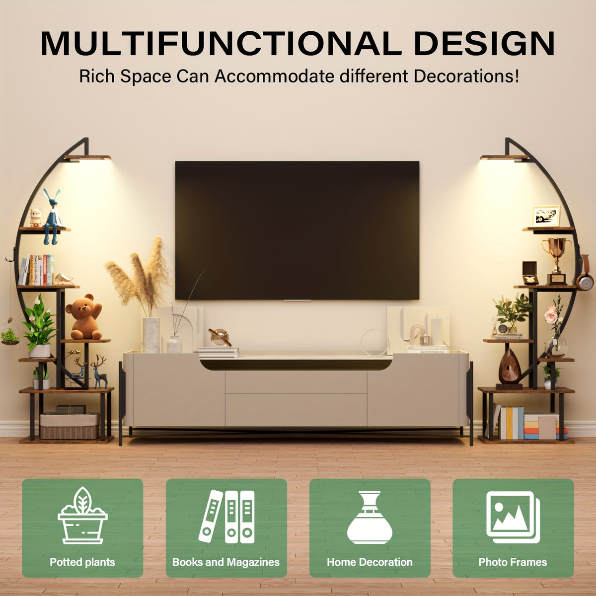 2pcs Bookshelf with Lights, 7 Tiered 65' Multi-Functional Metal Black And Brown Shelving Unit Wooden Bookcase for Books Handicraft Decorations Frames Multiple