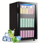 WANAI Beverage Refrigerator 125 Can Mini Fridge Cooler Black Mini Fridge Glass Door for Soda Juice Small Drink Cooler Machine Clear Front Removable for Home Office Bar Freestanding