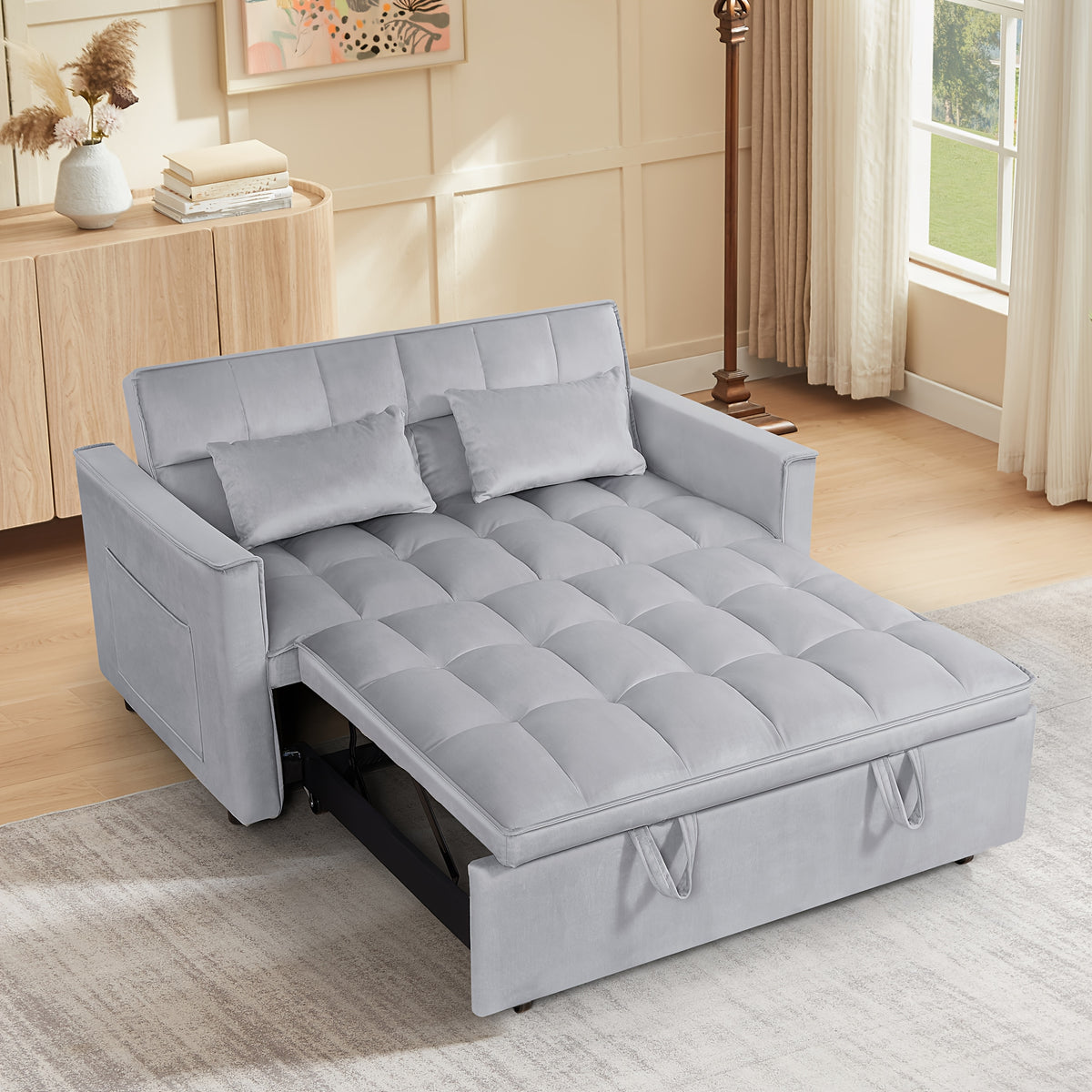 54Inch Velvet 3 in 1 Convertible Sleeper Sofa Bed, Futon Couches for Living Room with Side Pocket | Adjustable Backrest | Velvet Fabric | Pull Out Couch | Love-Seat Sofa | Sectional Sofa Bed | 2-Seat Sofa Bed