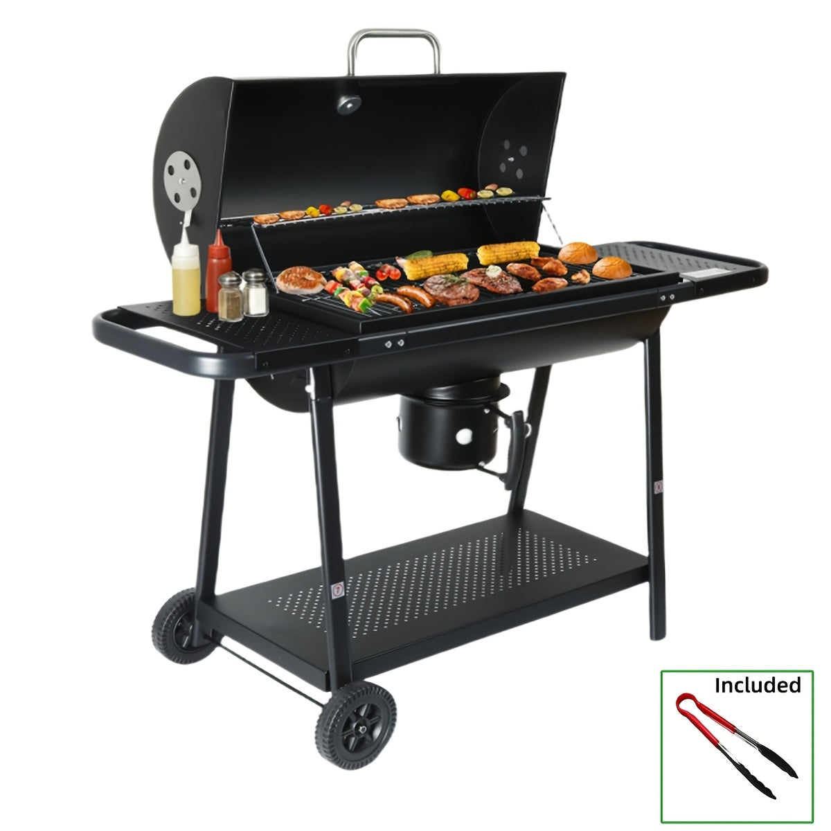 Charcoal BBQ Grills Outdoor - Barrel Charcoal Grill with Offset Smoker(Model: L)/ Outdoor BBQ Grill with Side Table(Model:M/XL-A/XL-C)for Backyard, Patio, Parties, Camping, Outdoor Cooking, Large Event Gathering, Black