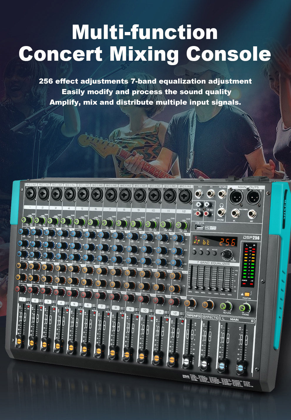 Professional 12 Channel USB Mixer with 256 Reverb Effects And 48V Phantom Power Supply Supporting Wireless Connection on Mobile Phones - Leading The Music Trend!