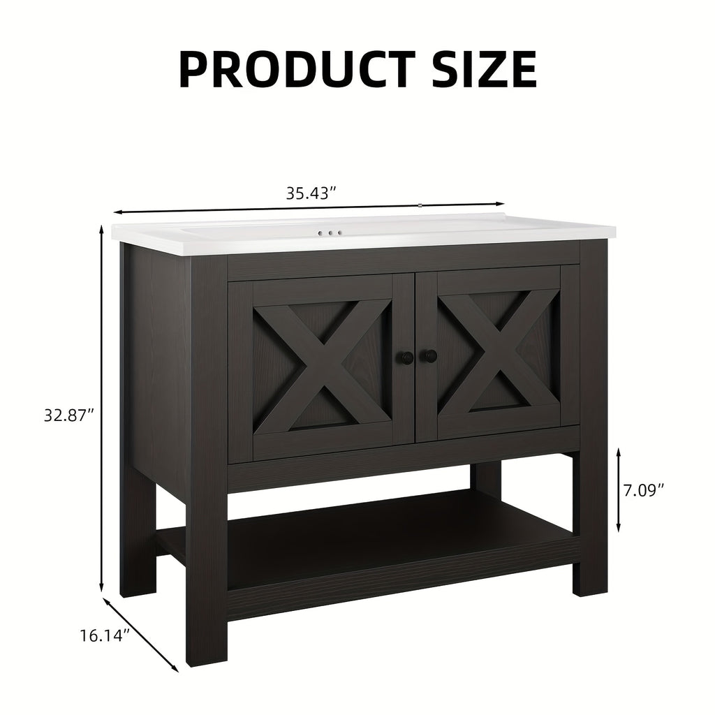 [Bathroom Vanity Cabinet] 4 Ever Winner 35-Inch Bathroom Vanity Cabinet With 2 Doors And Open Shelf, Country Style Bathroom Vanity With Sink, Black/White