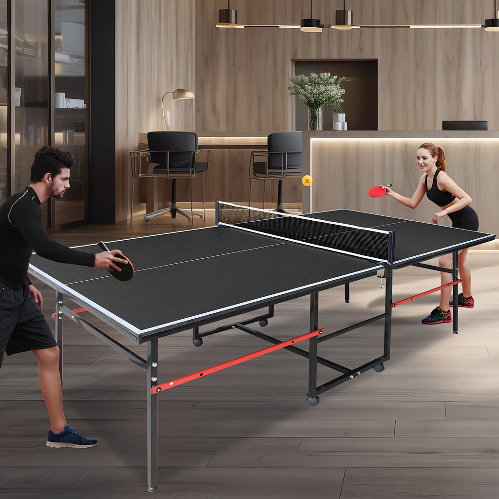 8 Ft Folding Rolling Table Tennis Table Regulation Ping Pong Table with 2 Paddles 2 Balls 1 Net And Post Set Fold-Up Design 4 Wheels for Easy Movement, BLUE