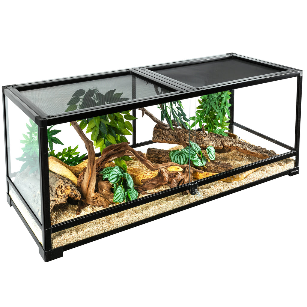 REPTI ZOO 64 Gallon Reptile Large Terrarium Upgrade Glass Front Opening Tank Sliding Door With Double Top Lid Reptile Terrarium About 48" X 18" X 18"