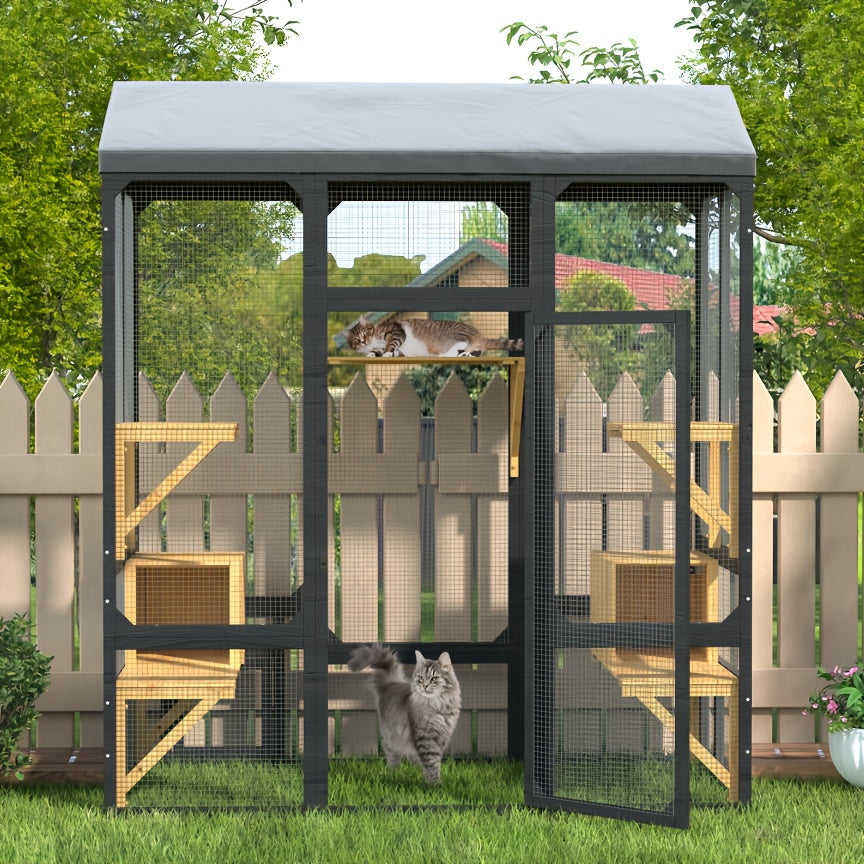 Large Cats House, Black Catio Outdoor Cat Enclosure, Cat Catio for Mulitiple Cats Walk In with Cover And Sunshine Roof, Pet Cage with 7 Platforms And 2 Resting Box, 72 Inch