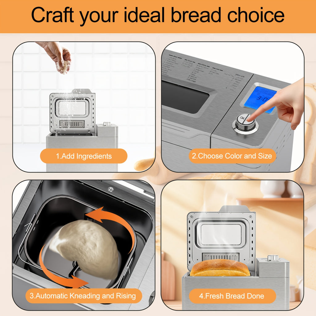 25-in-1 Bread Maker, 2LB Bread Machine With Auto Fruit/Nut Dispenser, Gluten-Free Setting, 3 Loaf Sizes& 3 Crust Colors, Keep Warm&13H Delay Timer, Digital Display, Stainless Steel