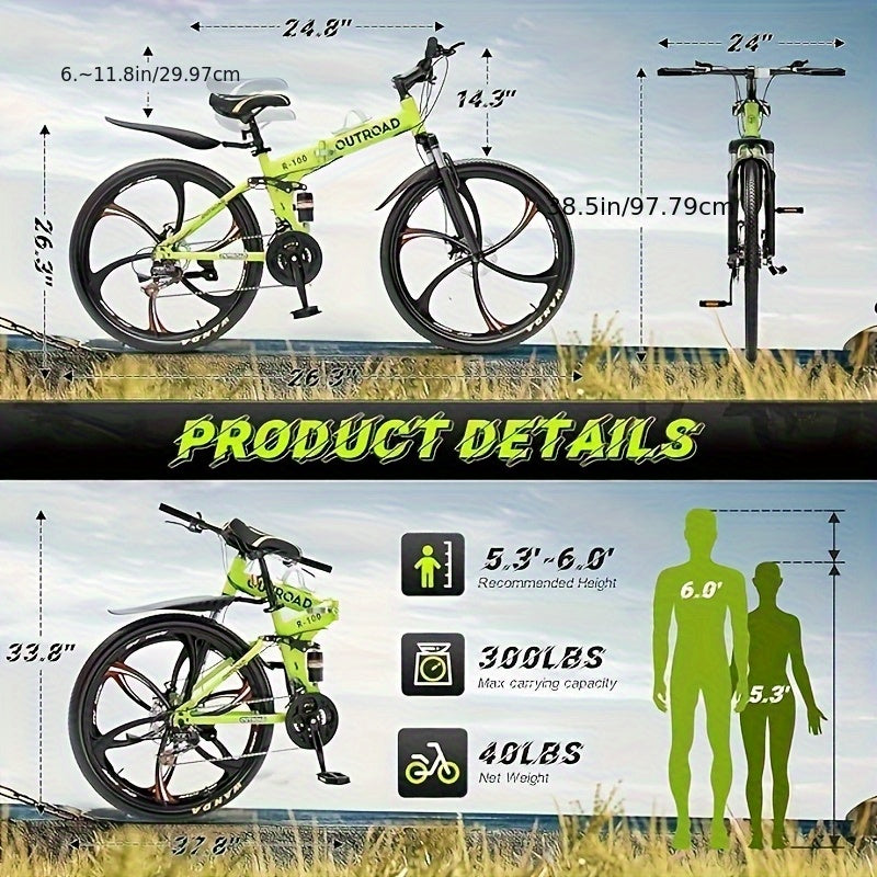 26 Inch Mountain Bike, 21 Speeds Full Suspension Folding Bikes, Dual Disc Brake, High Carbon Steel Frame And Non-Slip Quick Release Tire Bicycle for Adult