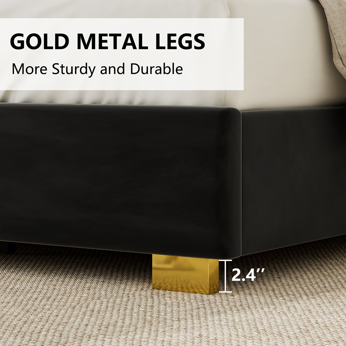 LUXOAK Modern Upholstered Bed Frame with 65" Headboard, Golden Plating Trim, Platform Design - No Box Spring Needed