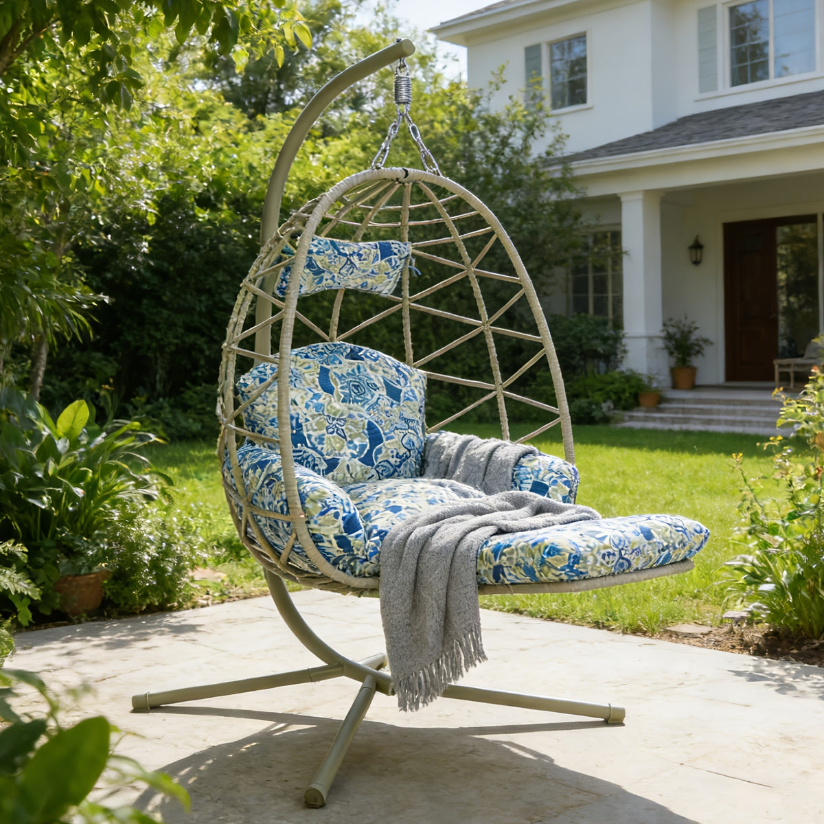 Hanging Egg Chair with Stand & Leg Rest, 350lb Rattan Wicker Swing Chair with Cushion, Patio Basket Hanging Chair Wicker Hammock Chair for Outdoor Garden Backyard Balcony, All-Weather Resilient