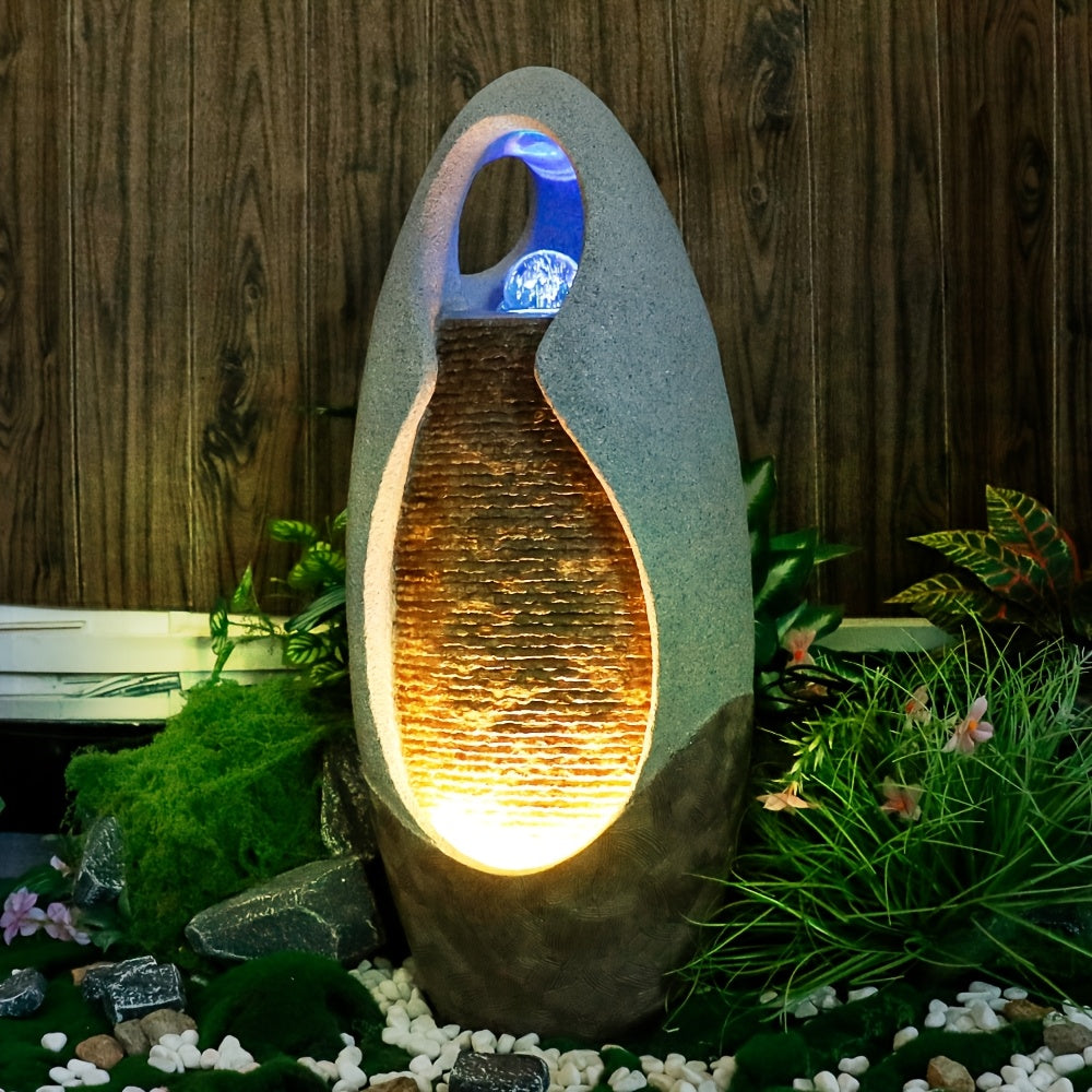 An Indoor Floor Fountain, Standing 27.55 Inches Tall. It's A Home Decor Item, A Large Cobblestone Floor Fountain Ornament, Complete with A Glass Ball And Lighting Features.