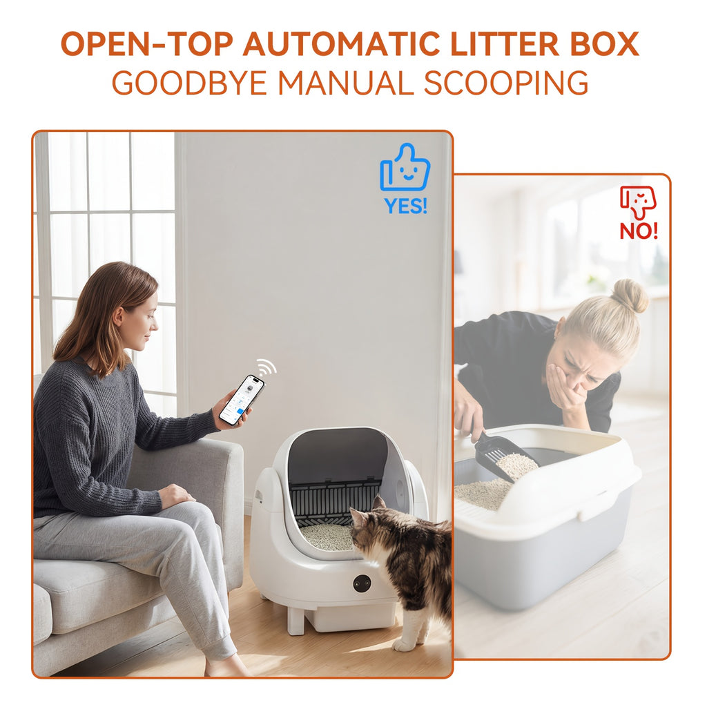 Aoxun Automatic Self-Cleaning Cat Litter Box for Multiple Cats - Large Robot-Style Litter Box with Smart Sensor, Open-Top Design & 360° Safety Protection, Odor-Free Auto Scooper for Indoor Cats, Without Battery