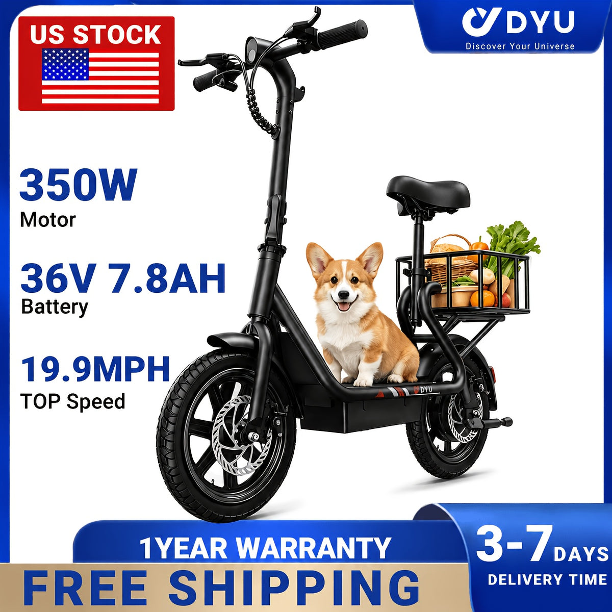 DYU 350W 14" Folding Electric Scooter with Seat - 20-Mile Range, 36V 7.8Ah Battery, Rear Basket & Double Disc Brakes, Compact Portable E-Scooter for Adults, Urban Commuting & Long-Distance Travel, Scooter Electric Fast