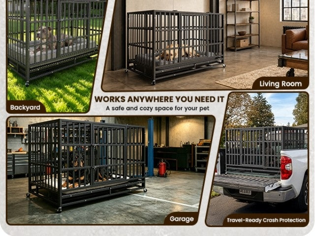 [With Wheels] 42 IN/48IN Heavy Duty Dog Crate Metal Dog Cage With Wheels And Escape-Proof Locks Double Doors Top Opening Large Dog Kennel Removable Tray Easy Assembly Chew-Proof For Big Dogs