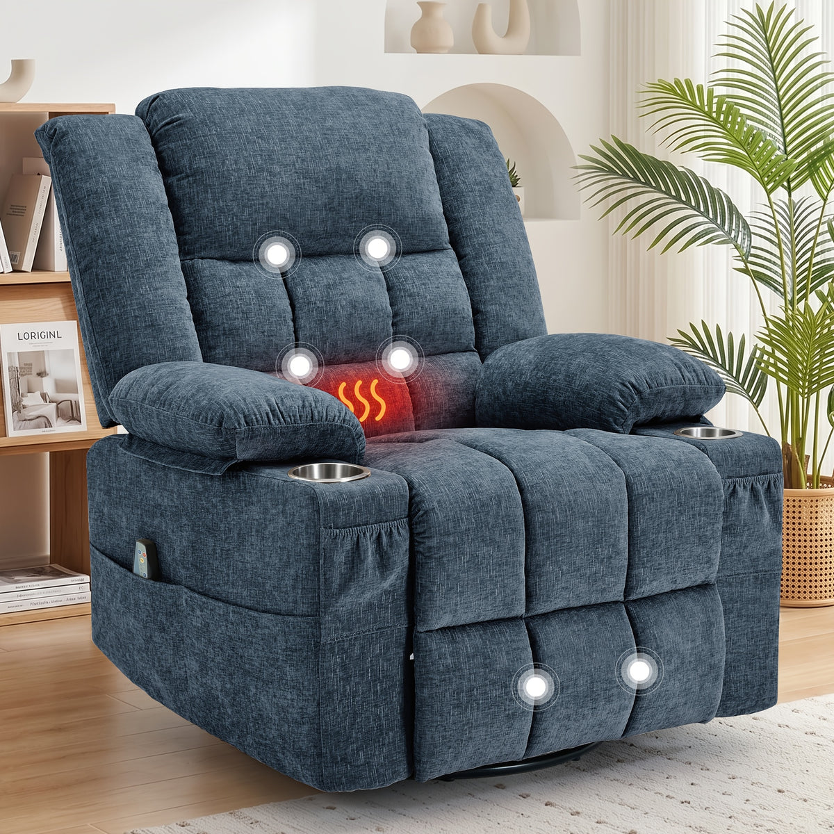 Personal Care Home Massage Chair, 360° Rotation Of Massage Heating Function Comfortable Recliner Chair, Manual Adjustable Angle Leisure Rocking Chair, Massage Sofa Chair with Side Pockets And Front Pockets, with Built-in Cup Holders And Thickened