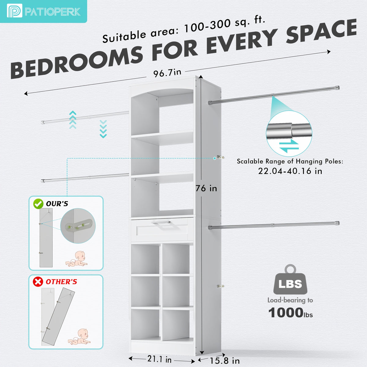 4-8ft Tall White Modern Closet System Organizer Tower with 10 Drawers & Shelves, Heavy-Duty Modular Wardrobe Storage with Hanging Rods, Fits 60-96.7" Walk-In Closets, Assembly (Space-Saving)