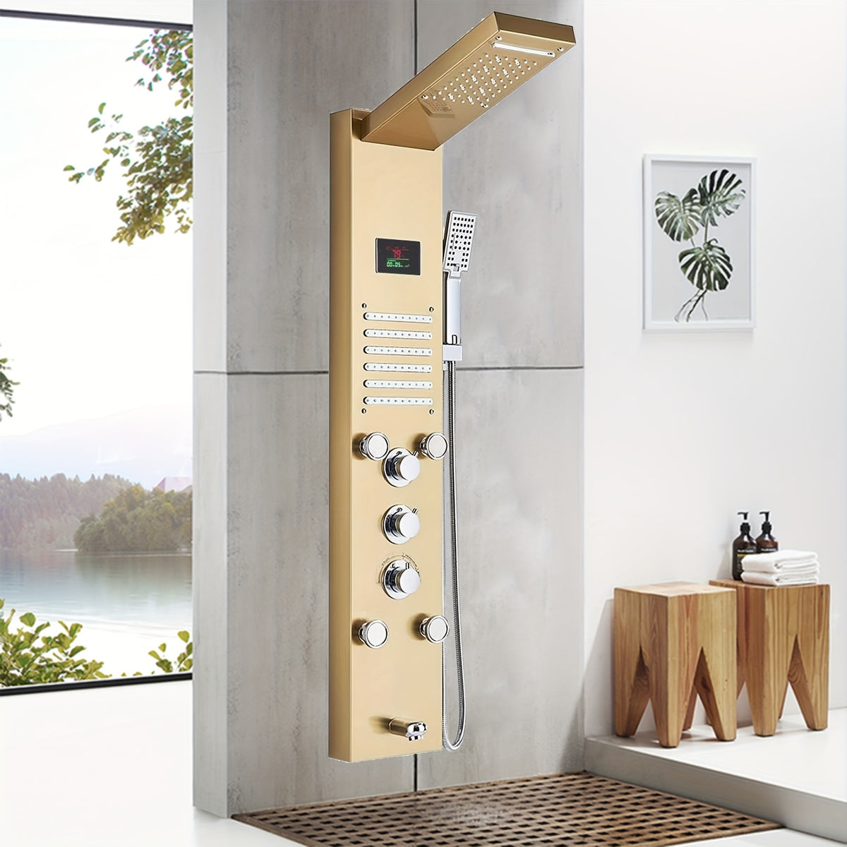 6-Function Modern Shower Panel Tower System with Rainfall Waterfall Shower Head, Handheld Shower & Massage Jets - Brushed Nickel Wall-Mounted Bathtub Faucet Suitable for Bath/Shower, Full Body System with Clarity Basin and Spout