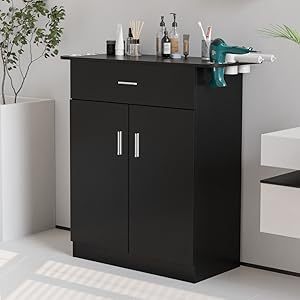 OmySalon Professional Salon & Spa Storage Station - Free Standing Barber Cabinet with Drawer, Large Storage Compartment, and 6 Hair Dryer Holders - Durable PVC, Hypoallergenic, Black