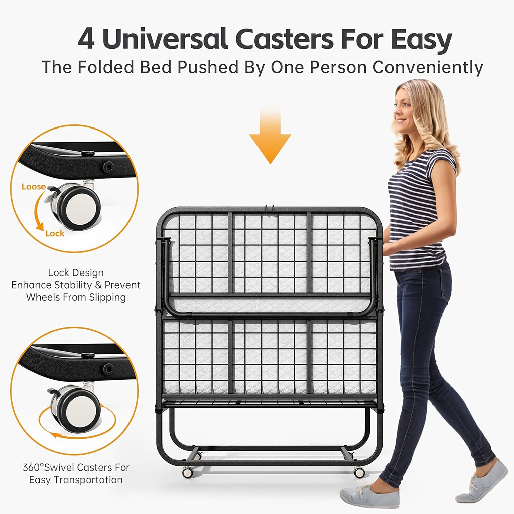 Compact & Durable 4-Section Folding Bed with Grey Fabric Cover - Sturdy Metal Frame, 75" x 31", Portable Roll-Away Design for Adults, Ideal for Guests, Students, Camping & Small Apartments, Garden Houses