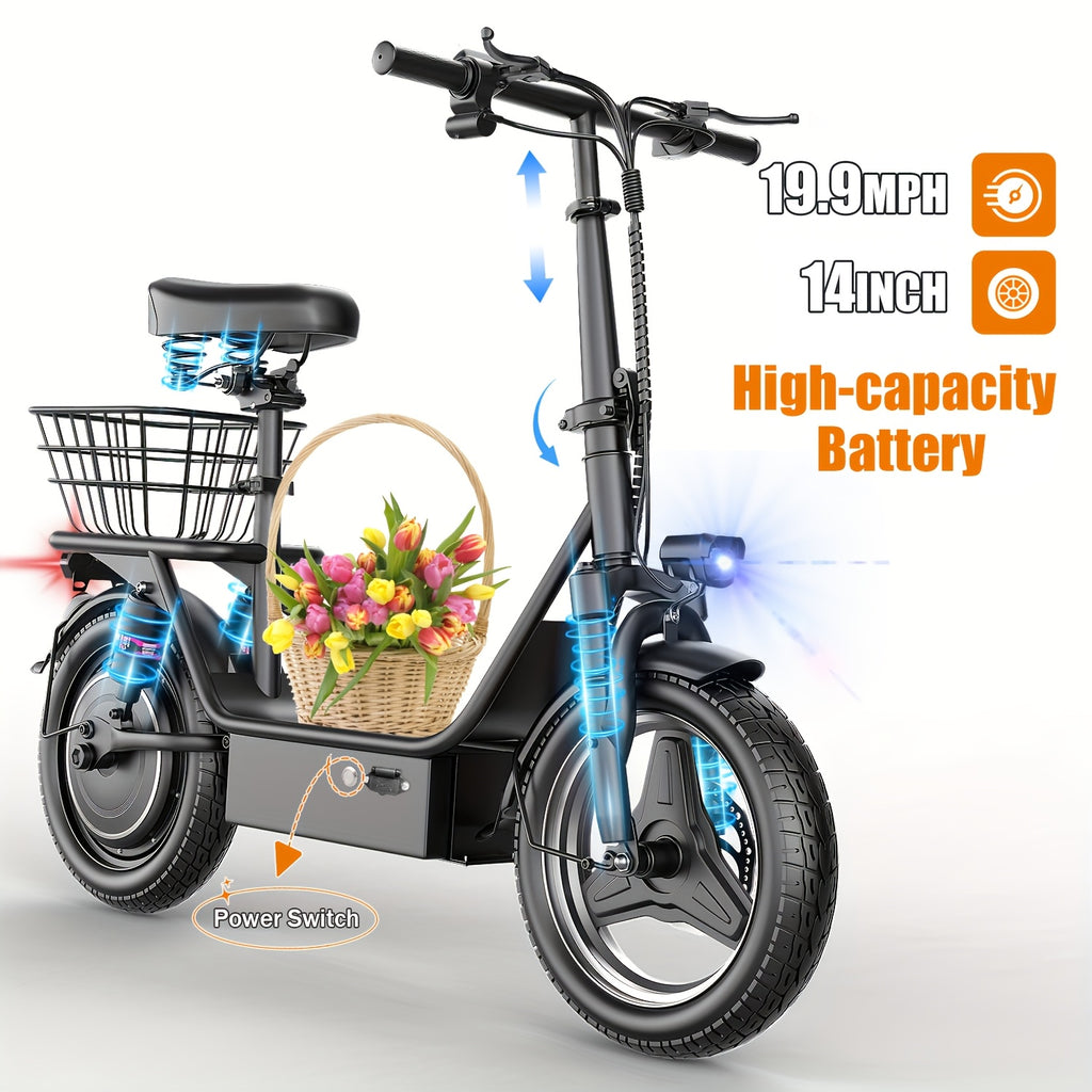 749W Electric Scooter with Seat, 48V 15AH Large-Capacity Battery, 35-mile Long Range & 19.9 MPH Speed, 14" Pneumatic Tire, Height-Adjustable Seat & Handlebar, Dual-Suspension Commuting Scooter with Basket