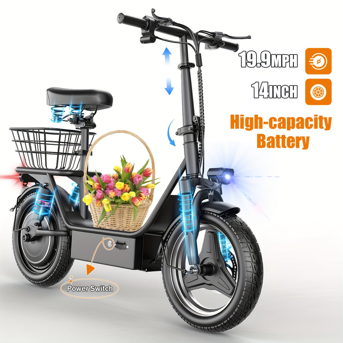 749W Electric Scooter with Seat, 48V 15AH Large-Capacity Battery, 35-mile Long Range & 19.9 MPH Speed, 14" Pneumatic Tire, Height-Adjustable Seat & Handlebar, Dual-Suspension Commuting Scooter with Basket