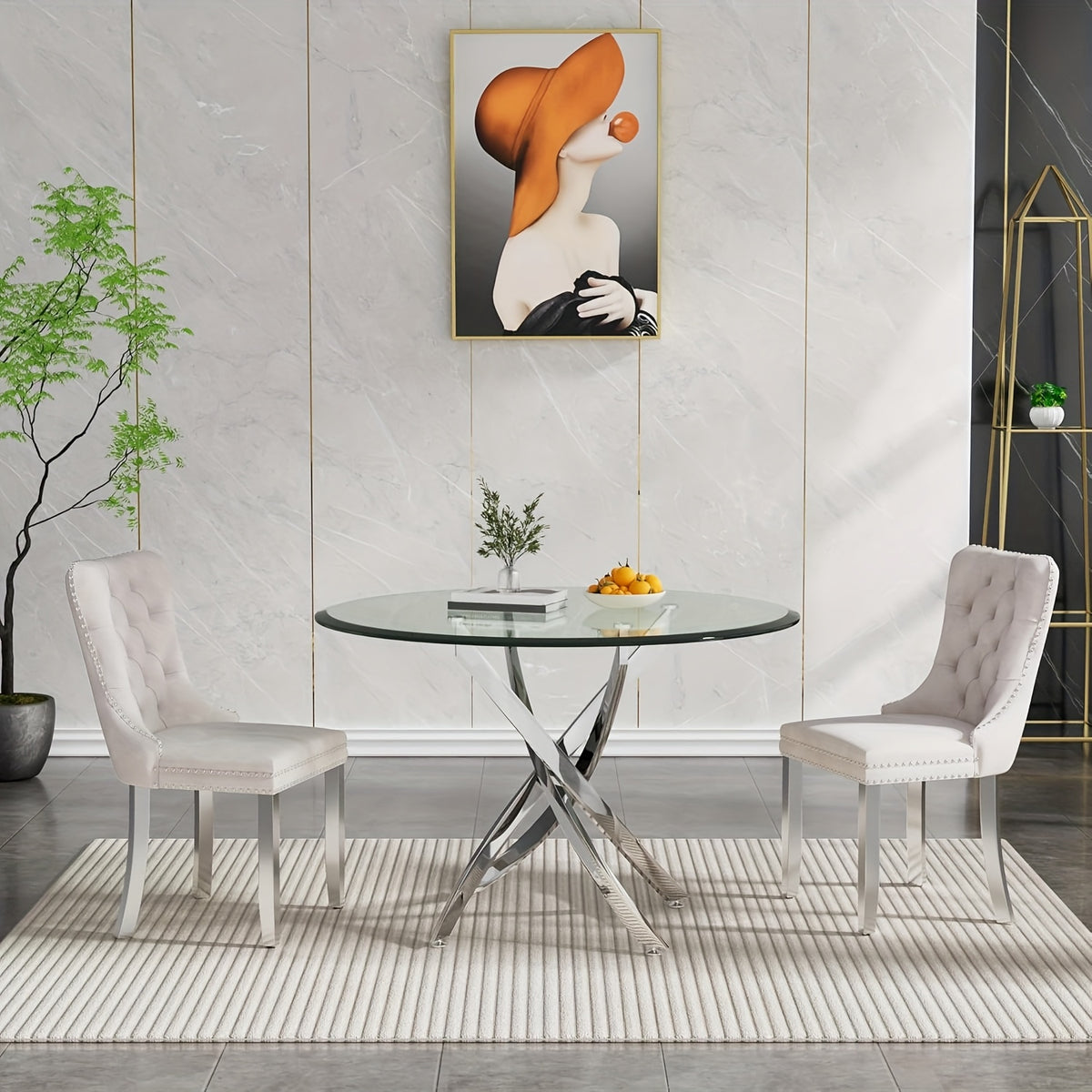 5/3/1pc Round Dining Table Set, Modern Tempered Glass Dining Table With Velvet Dining Chairs, 36" Kitchen Table With Stainless Steel Base For Living Room, Dining Room, Kitchen, Office, Lounge