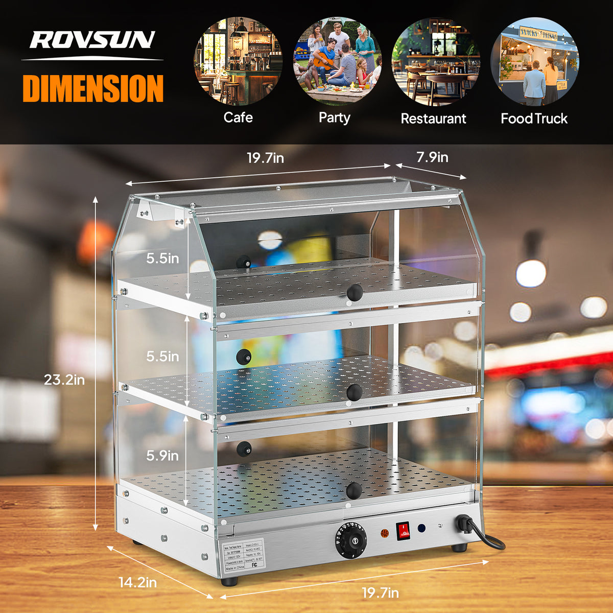 2-Tier Food Warmer Pizza Warmer Countertop, Food Warmer Display Pretzel Warmer with LED Lighting Front and Rear Doors, Electric Catering Hot Box Acrylic for Buffet Restaurant Cafe