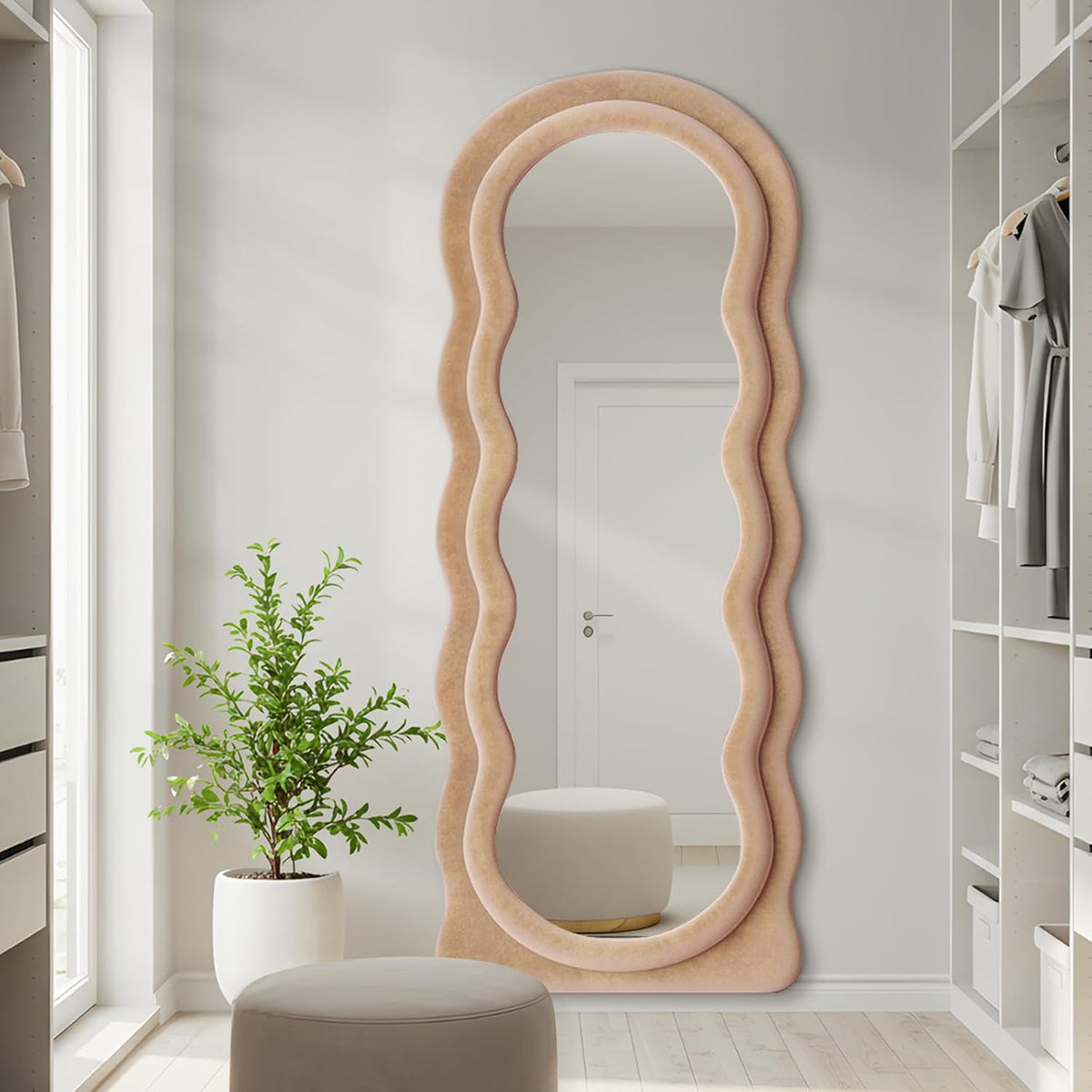 63"x24" Large Arched Full Body Mirror with Hot Pink Flannel Wrapped Frame & Stable Stand - Contemporary Floor Standing or Wall-Mounted/Leaning Mirror for Bedroom, Dressing Room, Entryway - No Electrical Required, Durable Construction