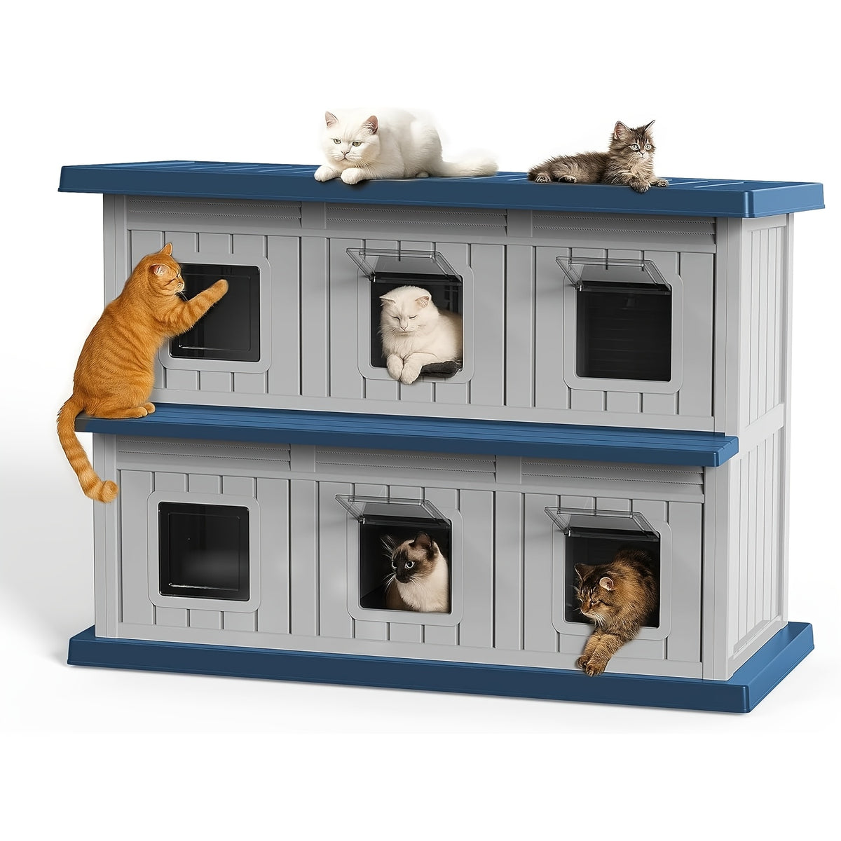 Double - Layer Stray Cat Apartment- with Two Floors And Multiple Small Windows, Large Space And Good Ventilation. for Stray Cats. Solid Structure, Gray - Black Color, Cozy Shelter for Stray Cats to Rest And Safe. Double Layer Cat House.