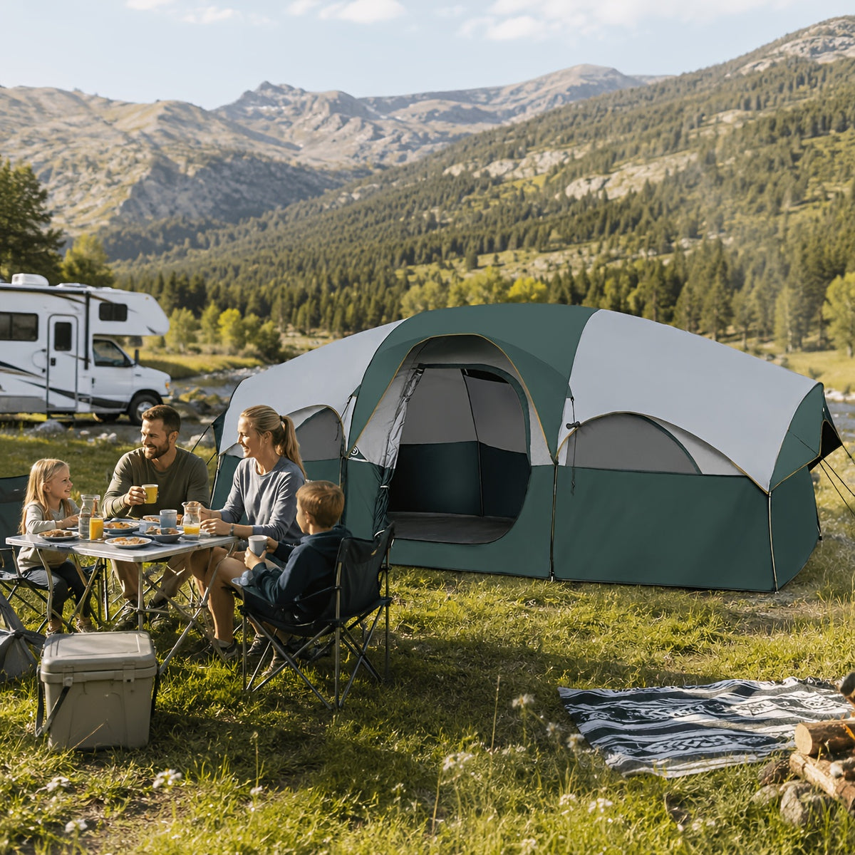 8-Person Family Camping Tent with Removable Two-Room Divider for Quick Outdoor Setup and Open Views