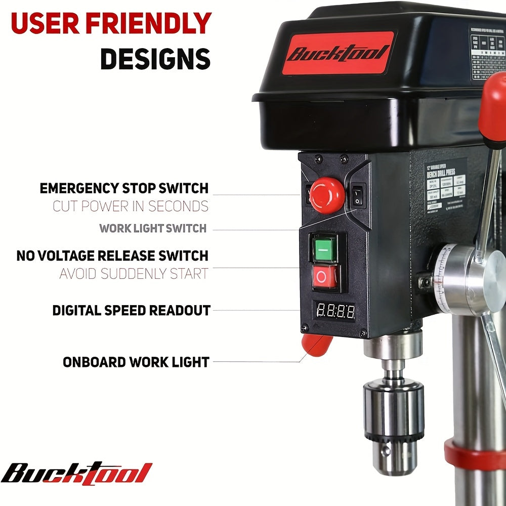 BUCKTOOL 12 INCH 6.2A Professional Bench Drill Press, 3/4HP Powerful Benchtop Drill Press, Variable Speed Drill Press With Work Light