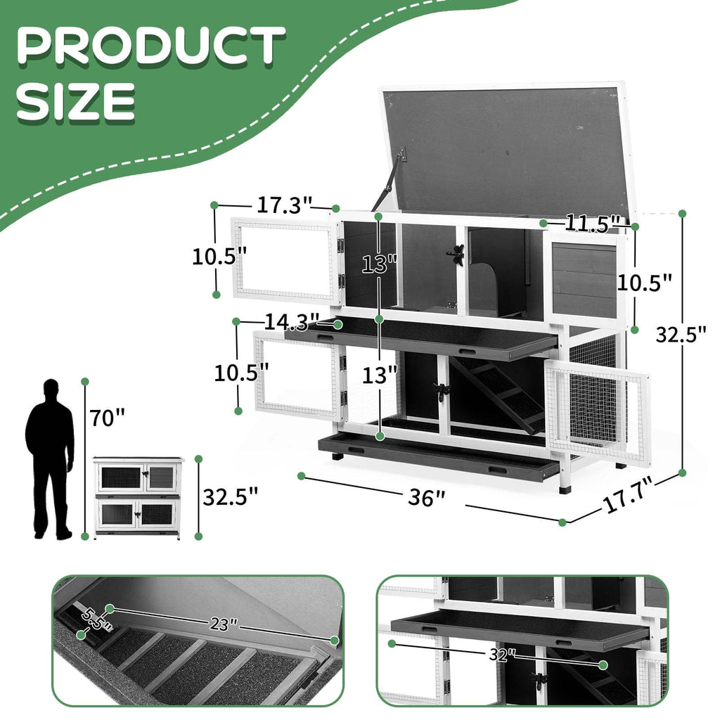 36" Wooden Rabbit Hutch, Bunny Cage, Chicken Coop, Guinea Pig Cage Pet House Gray