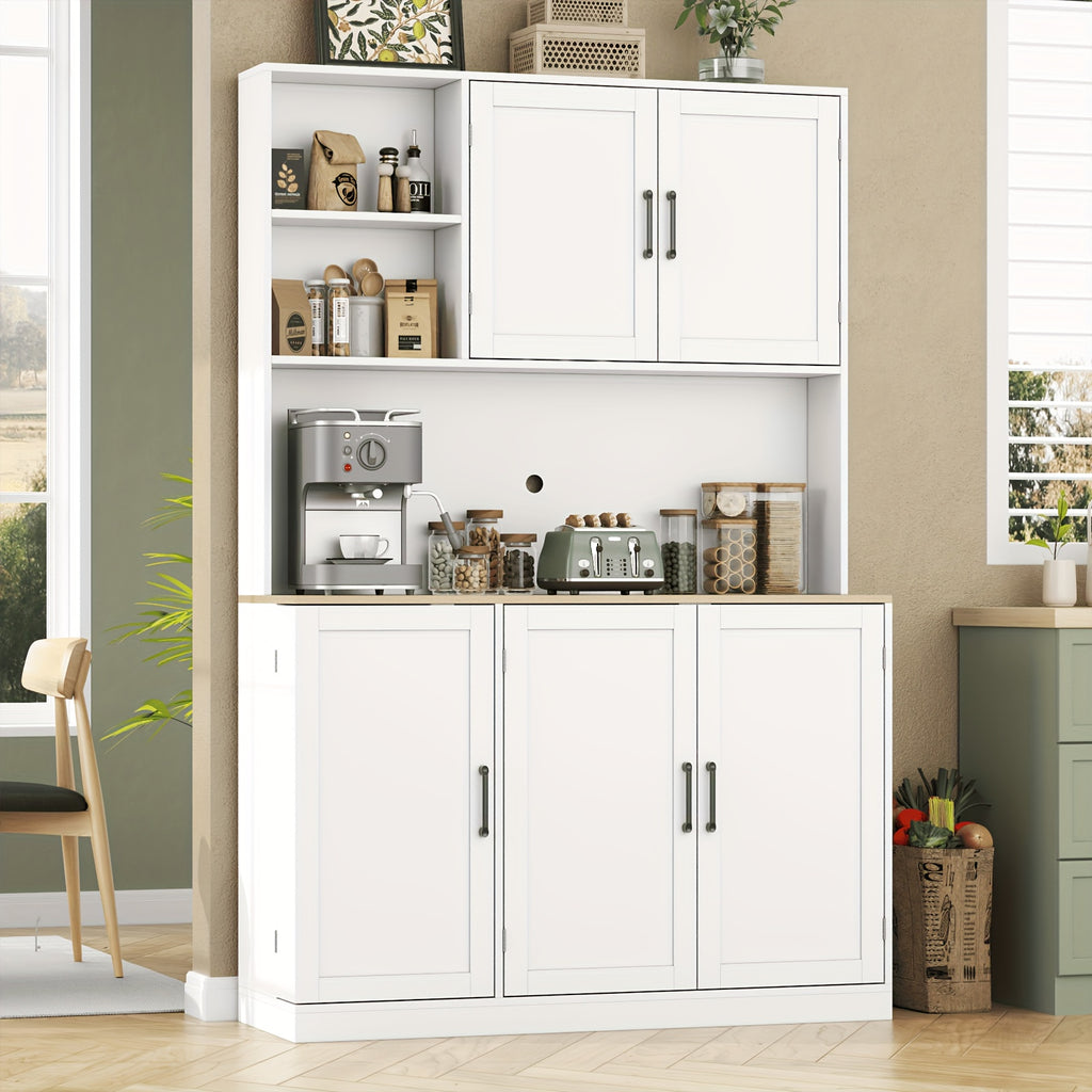 71-Inch Tall Kitchen Pantry Cabinet Featuring Three Pull-Out Drawers, Spacious Storage with Hutch And Door Shelves, And a Pantry Organizer That Includes a Microwave And Coffee Stand for The Dining Area, in White