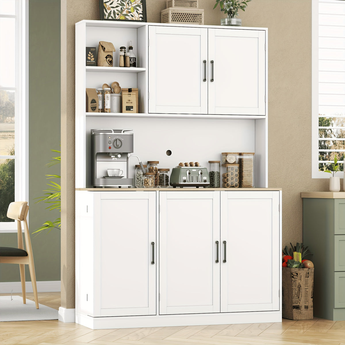 71-Inch Tall Kitchen Pantry Cabinet Featuring Three Pull-Out Drawers, Spacious Storage with Hutch And Door Shelves, And a Pantry Organizer That Includes a Microwave And Coffee Stand for The Dining Area, in White