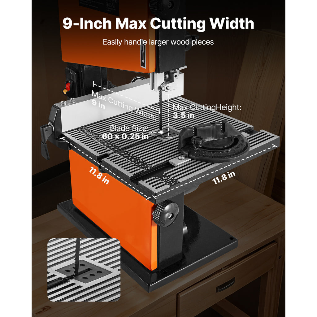 VEVOR Band Saw, 9-Inch, Woodworking Benchtop Bandsaw with 1/2 HP Motor, 3.5-Inch Max Cutting Height, 11.8 x 11.8 in Cast Aluminum Table, 0-45° Tilting Range, with Miter Gauge, Fence, for Woodworking