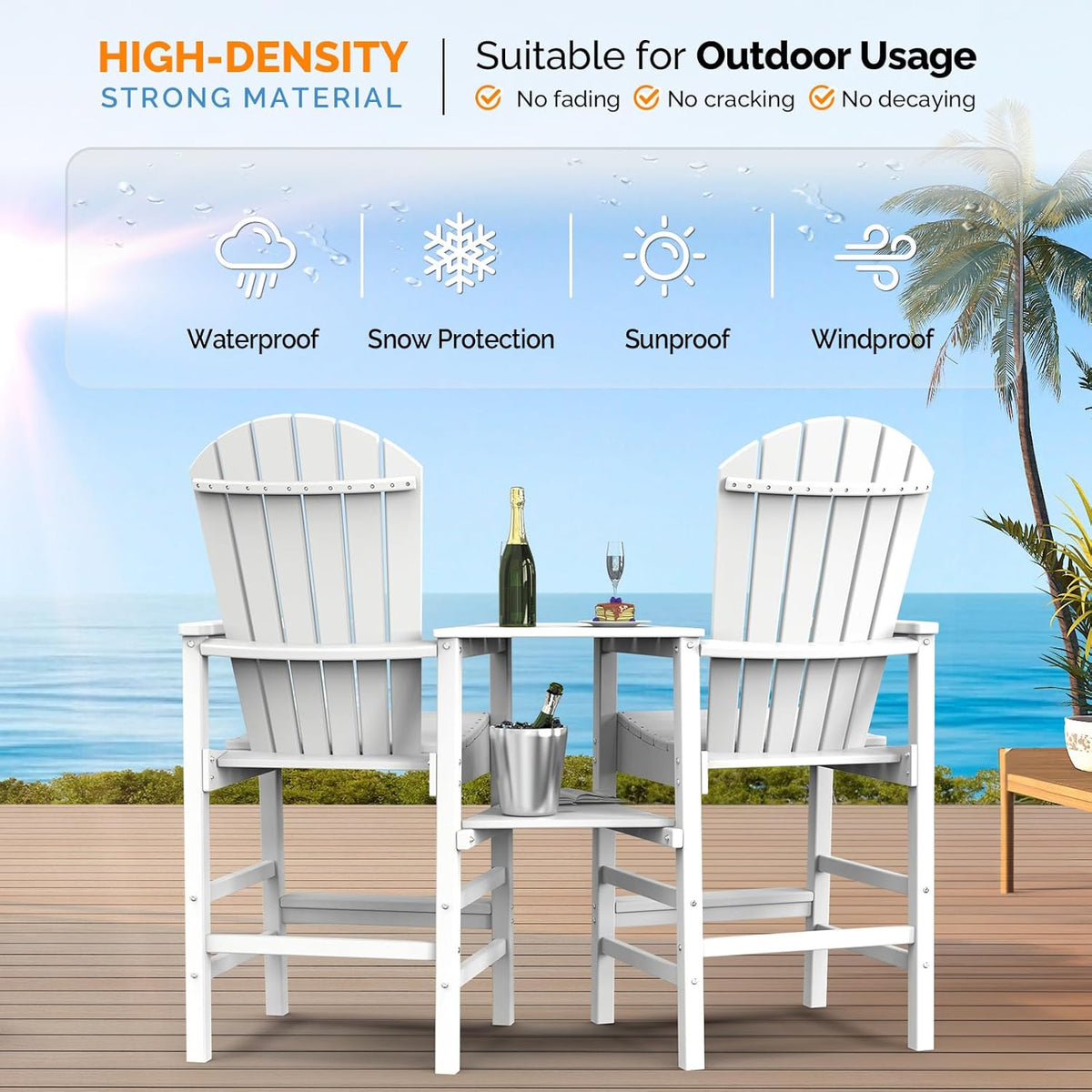 Tall Adirondack Chairs Set of 2 HDPE Balcony Chair with Double Connecting Tray Weather Resistant Outdoor Bar Stools for Patio Deck Lawn Pool Backyard Black