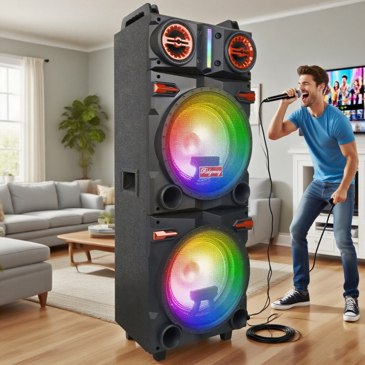 Dual 10" Bluetooth Karaoke Speaker, Portable Subwoofer with Heavy Bass, LED Flashing Lights, Mic & Remote, Multi-Mode (BT/USB/TF/AUX/FM), TWS Pairing, Handle & Wheels for Home, Party, Outdoor Events