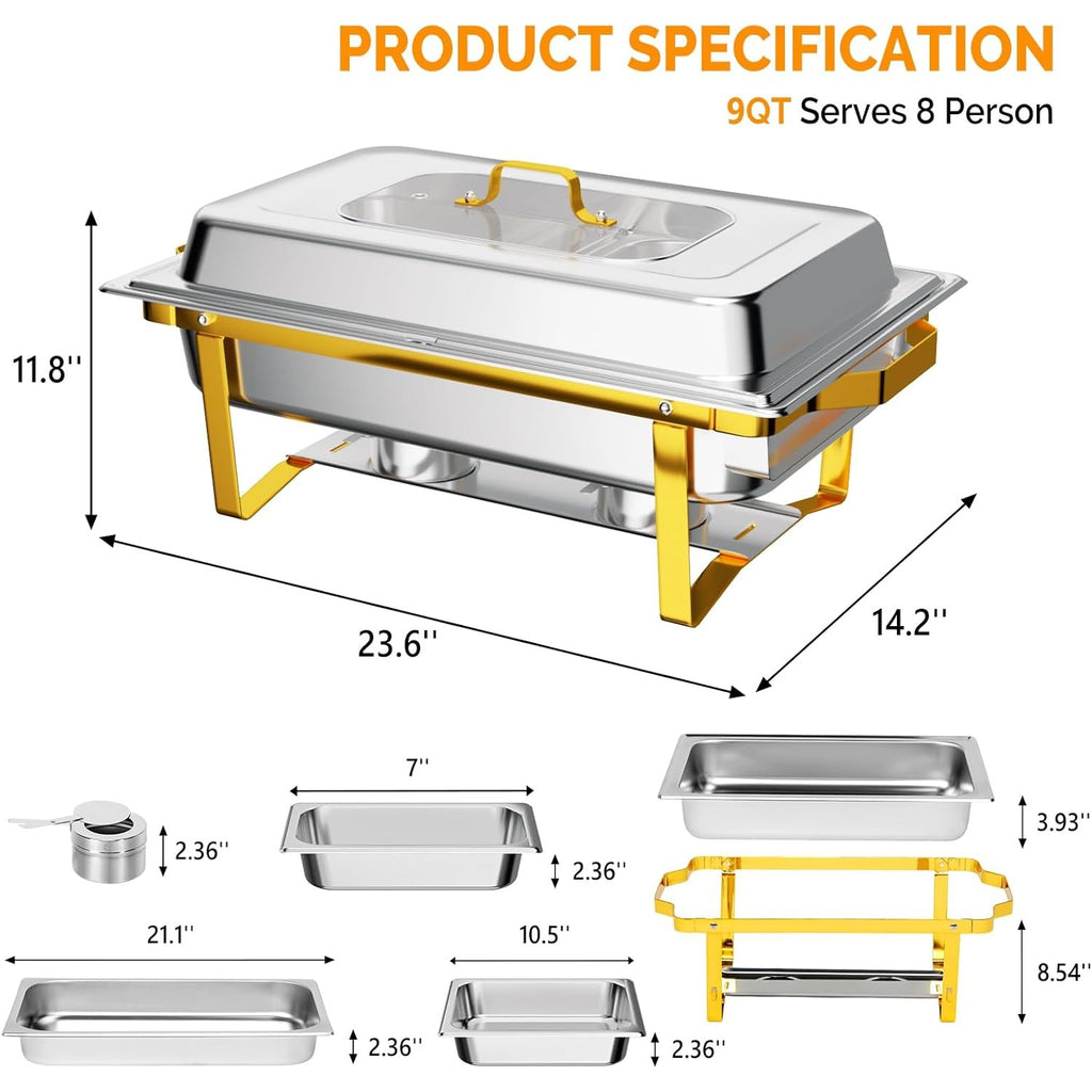 MEFEIR Chafing Dishes for Buffet 4 Pack, 9QT Chafing Dish with Multiple Food Pans Combo,Stainless Steel Buffet Servers and Warmers with Glass Lid & Folding Frame for Parties Weddings, Gold & Silver only for cooking