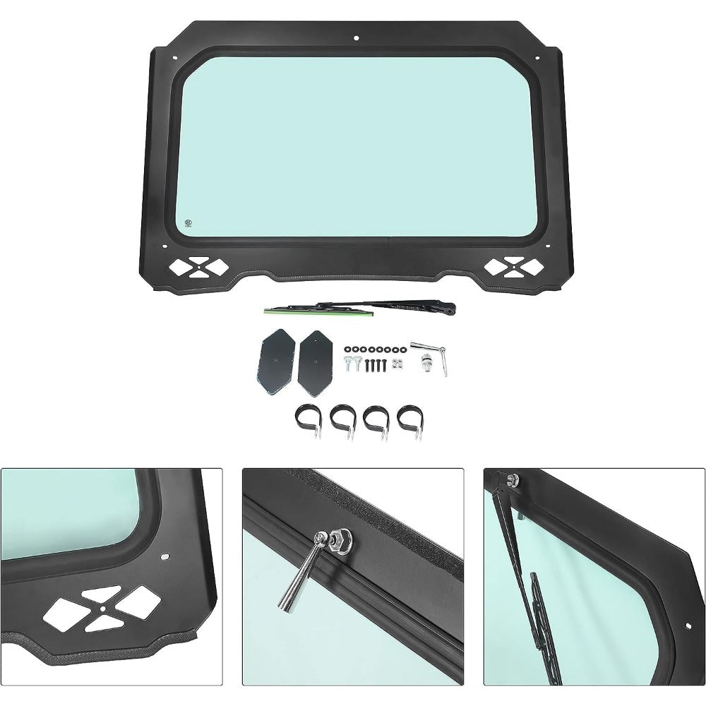 Full Glass Windshield for 2014-2018 Polaris RZR Models with Wiper and Black Aluminum Frame