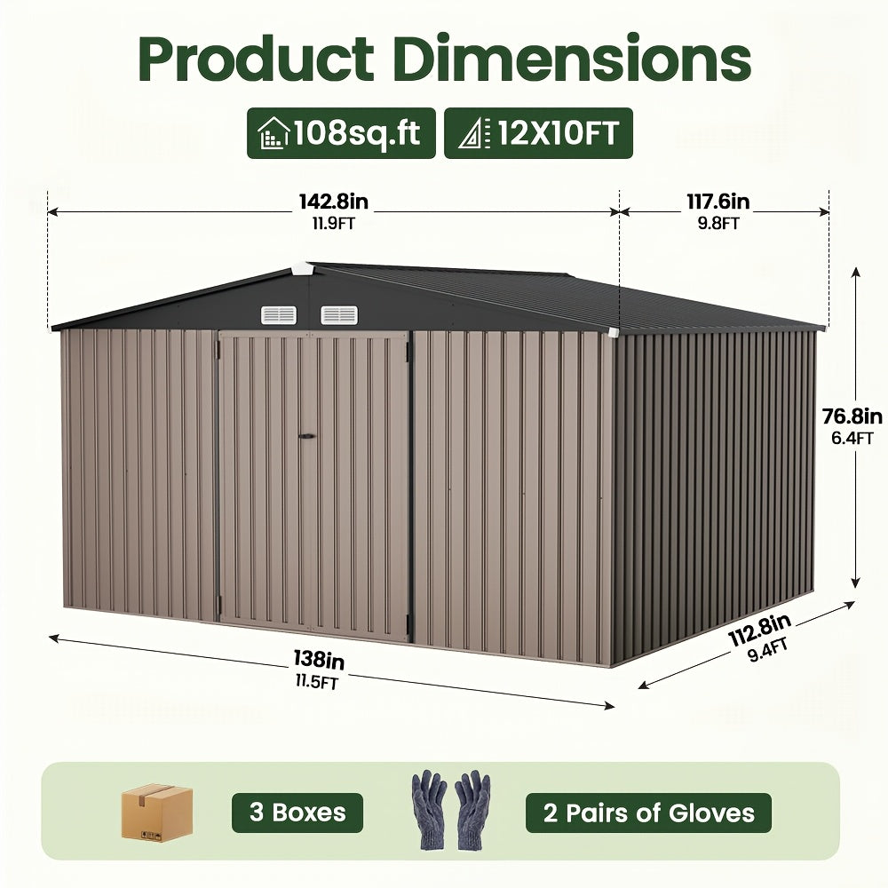 [Metal Storage Shed] 8x6ft (7.33'x5.28' Base, No Floor), 6 X 4ft, 10x12ft, 10x14ft, Metal Steel Outdoor Storage Shed with Air Vent & Lockable Doors, for Garden, Patio And Backyard, Tools, Bike