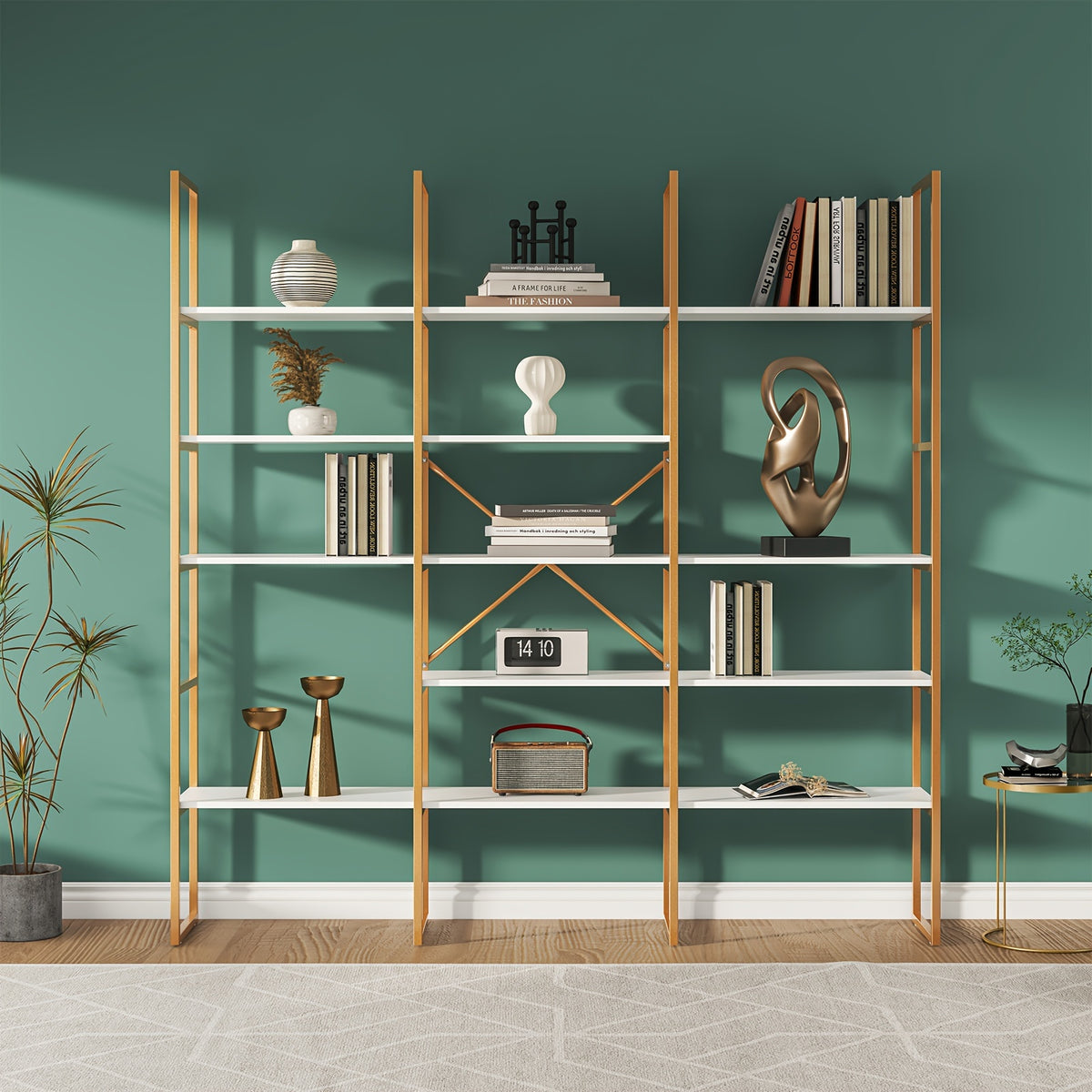 Triple 5 Tier Bookshelf, Rustic Industrial Style Bookcases with 13 Open Display Shelves, Modern Tall Bookcase Furniture for Living Room, Bedroom And Home Office, Vintage