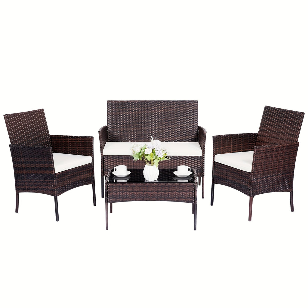 PUPATIOB 4pcs Wicker Patio Conversation Set, Outdoor Rattan Sofas with Table Set, Patio Furniture Set with Soft Cushions & Tempered Glass Coffee Table for Poolside Balcony