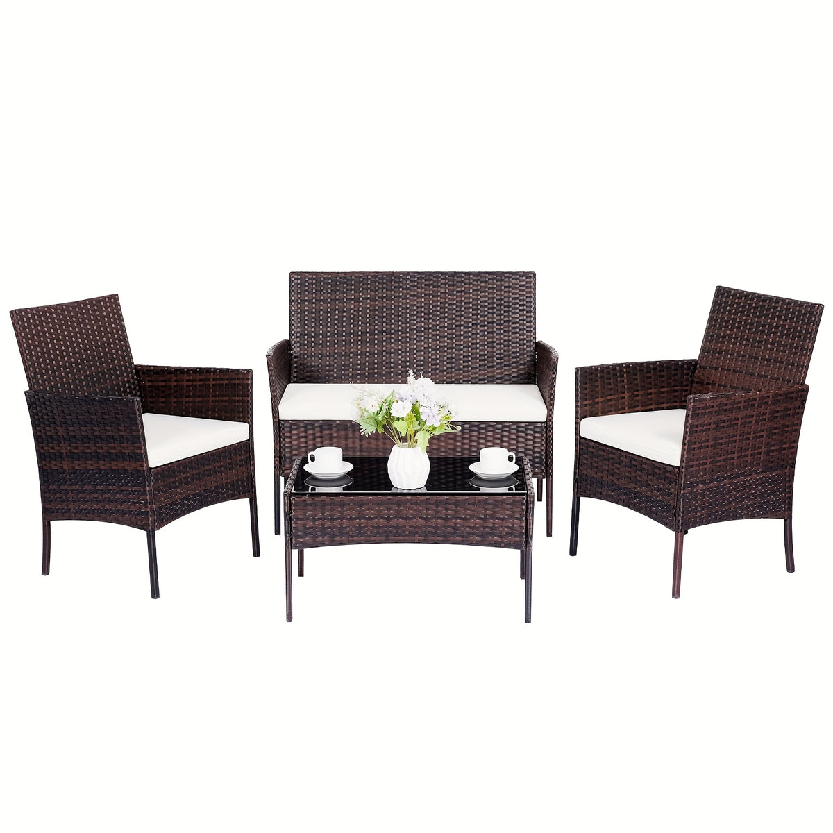PUPATIOB 4pcs Wicker Patio Conversation Set, Outdoor Rattan Sofas with Table Set, Patio Furniture Set with Soft Cushions & Tempered Glass Coffee Table for Poolside Balcony