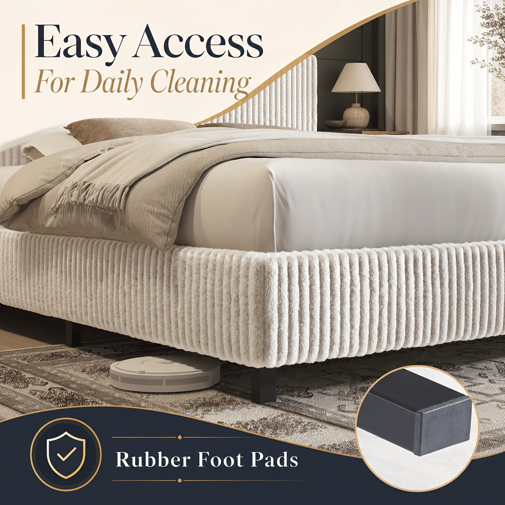 Platform Bed Frame with Upholstered Corduroy Headboard, Fully Padded 3.5" Thick Gap-Free Design, Heavy Duty Metal Slats, No Box Spring Required