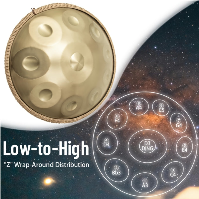 440Hz 10 Notes Handpan Drum, 22 Inch D Minor Kurd Hand Drum Instrument with Drum Bag, Dust-Free Cloth, Mallets, Stand, Sound Stickers for Adults Beginners, for Meditation, Music Therapy & Live Performances, Premium Steel