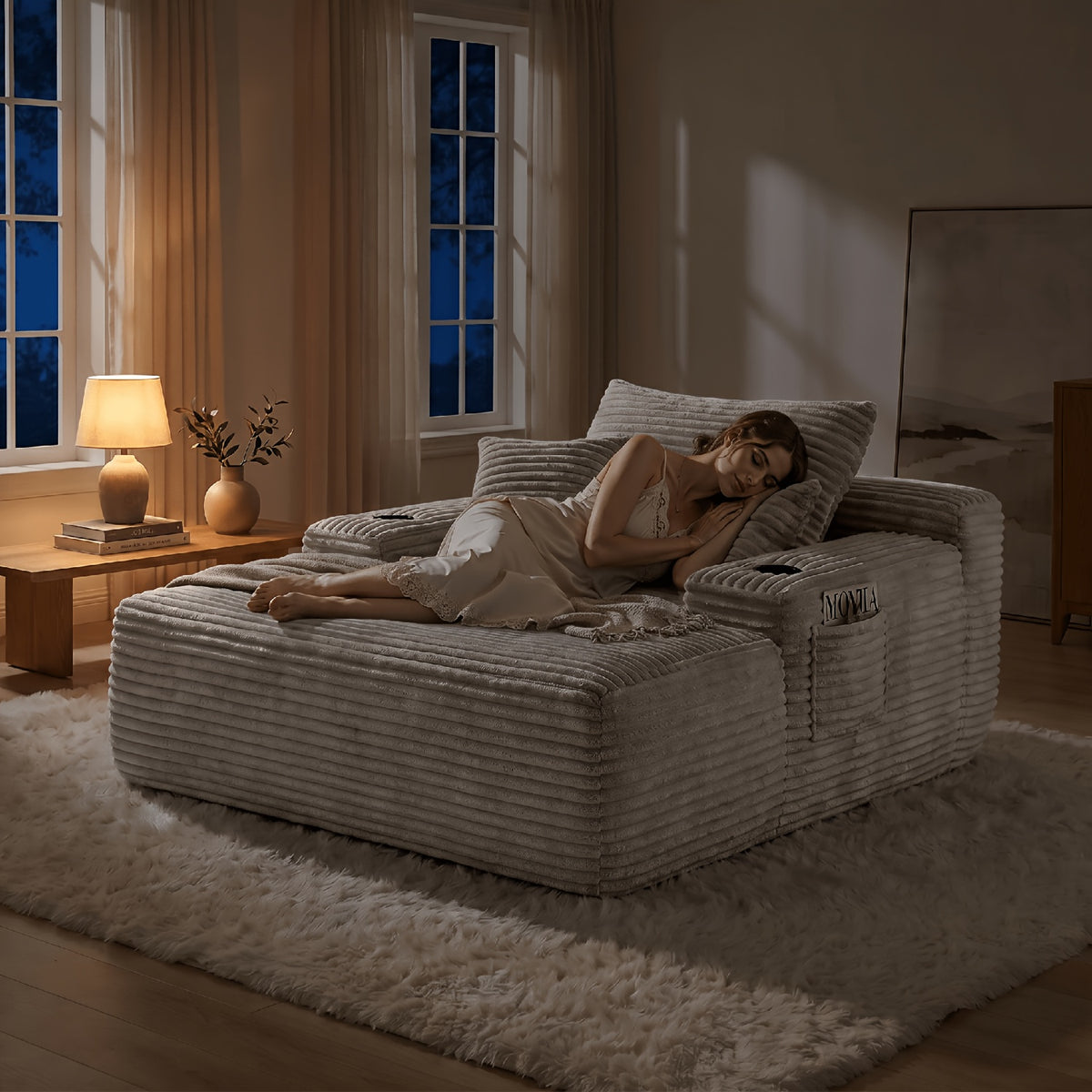 Extra-Large Boneless Sofa Chaise Lounge, with Cup Holder And Side Pockets, Living Room Sofa Chair Bed, Compressible High-Rebound Foldable Recliner, Supportive Pocket Spring System And High-Density Foam Padding, Non-Sinking Convertible Lounge Bed