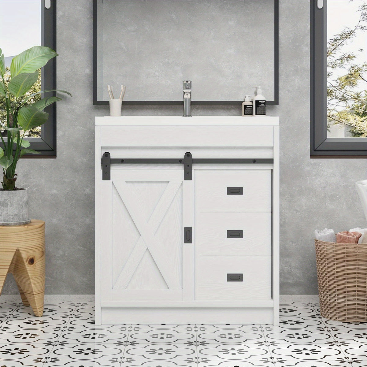 [Farmhouse Vanity With Sink] 31-Inch Farmhouse Style Bathroom Vanity With Ceramic Sink, Wall-Mounted Bathroom Sink Cabinet, With 2 Drawers And Sliding Barn Door, Modern Bathroom Vanity, With Metal Handles, Brown/Gray/Gray-White/White