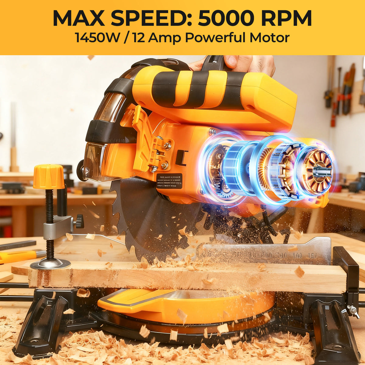 DEKOPRO Corded Miter Saw with Ring Spanner | 210mm Blade | 5000 RPM | 12A/1450W | 0-45° Single-Bevel | Electric Sliding Industrial Miter Saw | for Construction Woodworking, Furniture Factories, Metalworking Shops | for Cutting Wood, Metal, Pipes | Gifts f